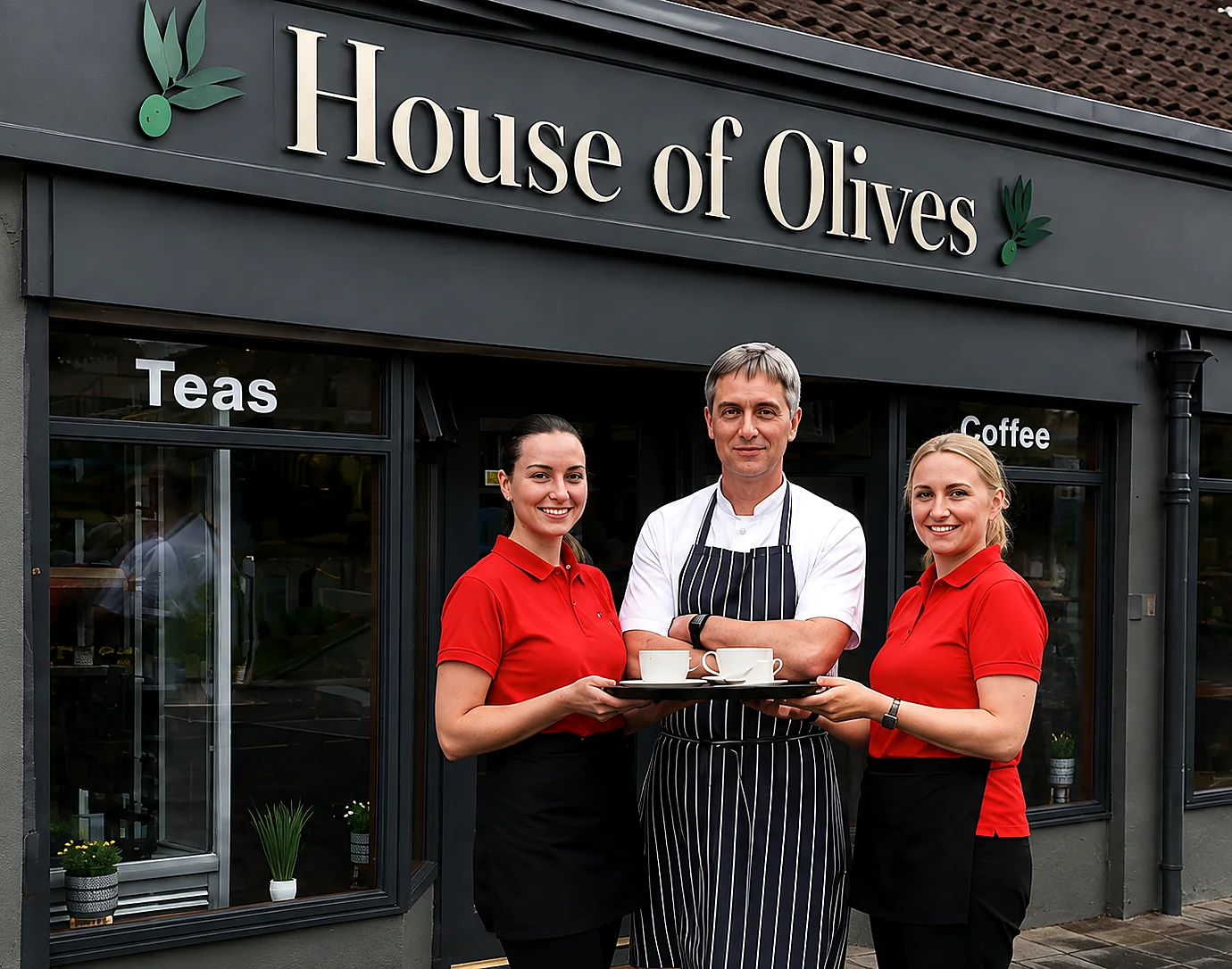 The House of Olives team — Nadia, Tomasz and Sylwia Grzesiak — outside the bistro on Cow Wynd, Falkirk